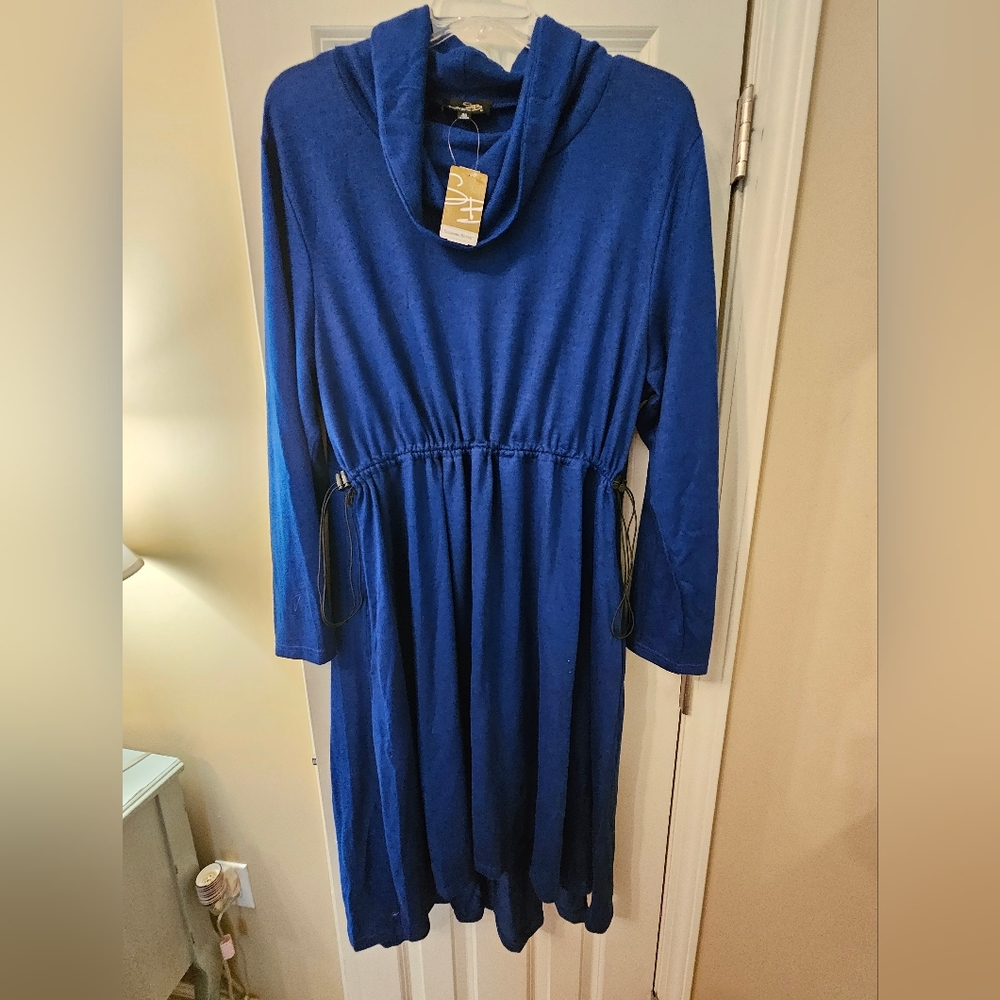 Susan Betro blue knit cowl neck midi dress, 4X, NWT